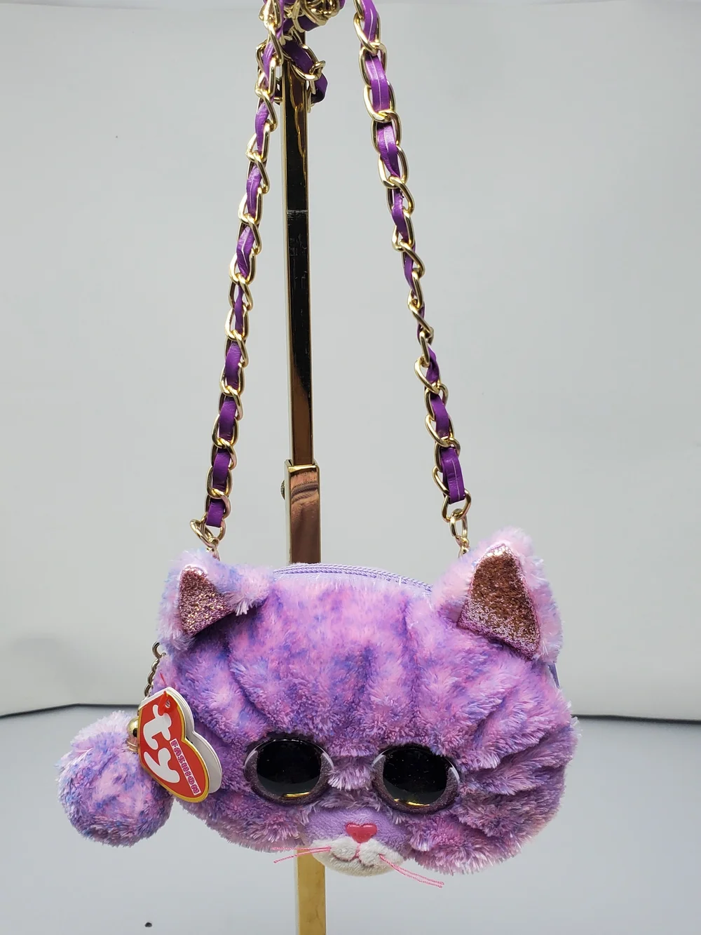 Ty Purple Plush Cat Crossbody Bag with Gold Chain